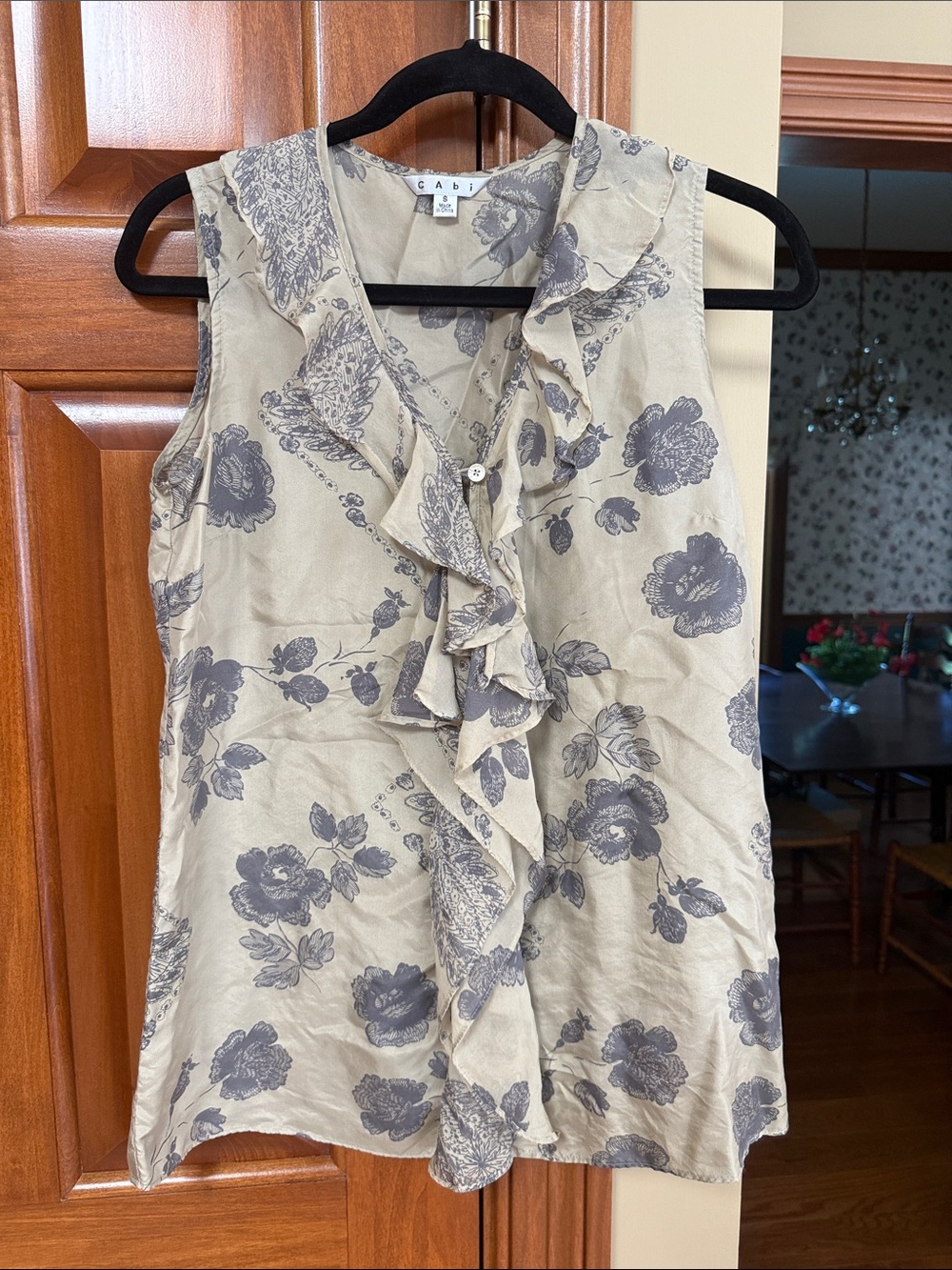 CAbi Beige Floral Ruffle Front Sleeveless Top with Gray Print